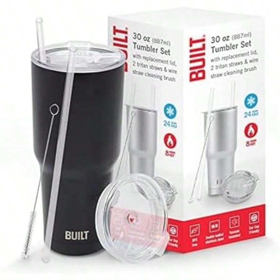 BUILT - Juego de vasos de acero inoxidable de doble pared con tapa de repuesto, 2 cepillos de limpieza reutilizables de alambre Tritan en caja de regalo, 30 onzas, amatista(Juego de vasos (30 oz) Negro -) - Multicolor - Ver 1