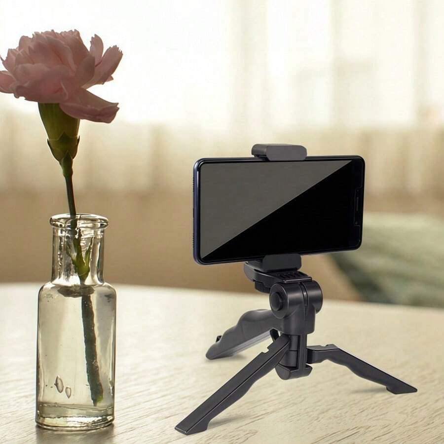 1 suport negru pentru telefon mobil, suport trepied portabil rotativ la 360°/stick selfie, mâner cu clemă dintr-o singură bucată, operare manuală convenabilă și depozitare/transport ușor - Negru - Vizualizare 1