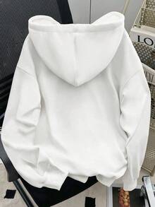 Black Hooded Sweatshirt For Women Floral Pattern Print Loose Casual Versatile Jacket For Spring Autumn Winter Outdoor Wear - White - View 2