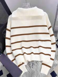Women's Striped Casual Zip-Up Loose Knit Sweater With Turndown Collar, Long Sleeve - Khaki - View 3
