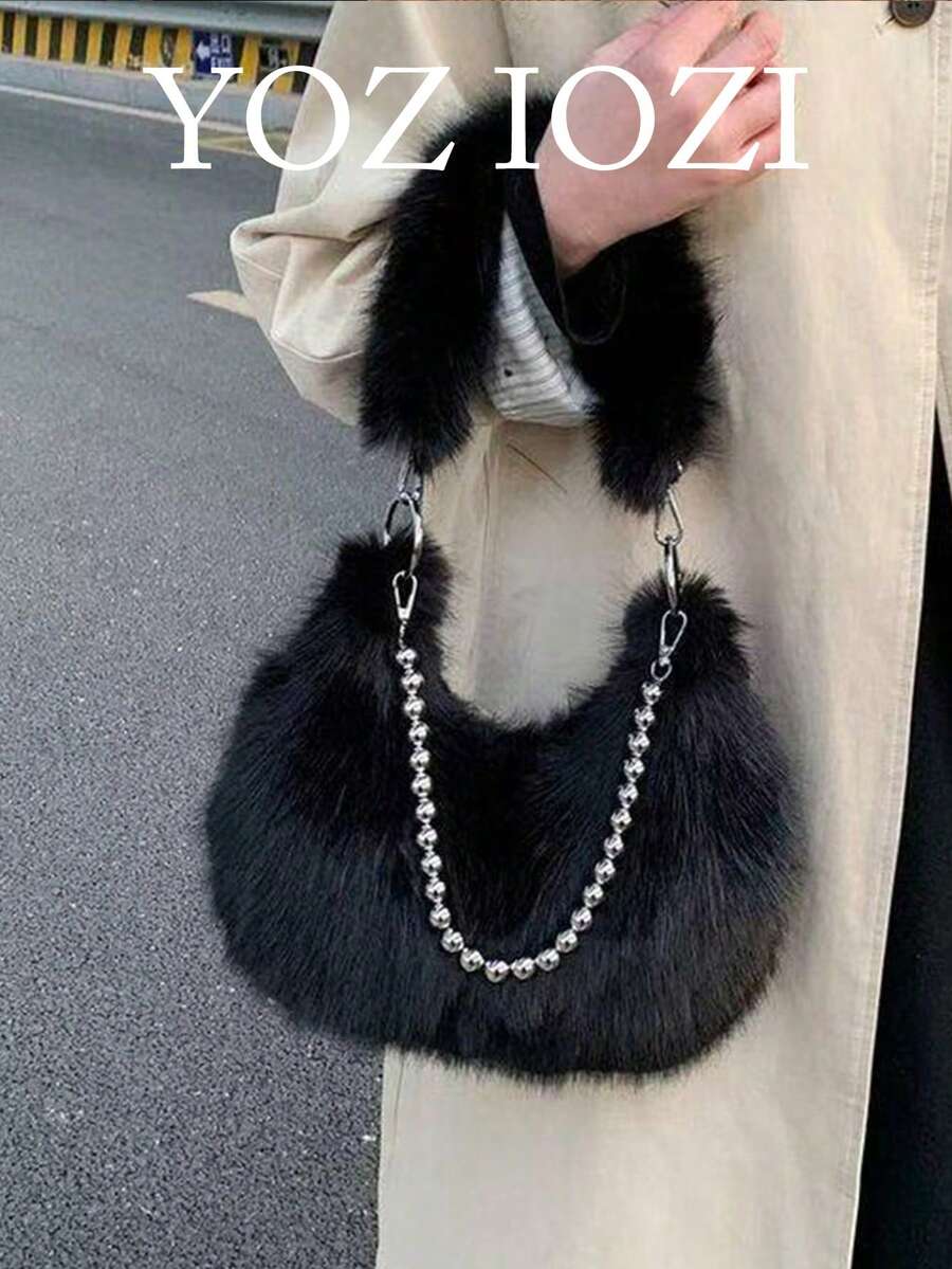 可爱毛绒手提包，时尚毛绒包，多功能链条单肩/腋下手提包，韩日小众设计 - 黑色 - 查看 1