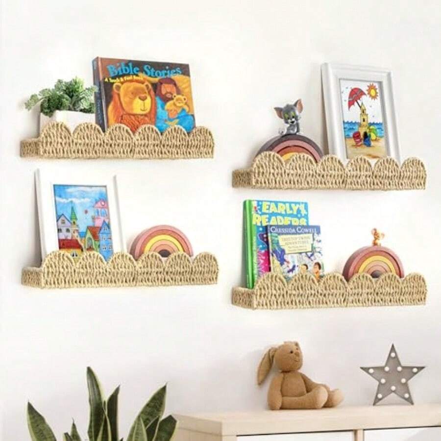 Scalloped Nursery Bookshelf Set Of 4 Picture Ledge Shelf For Wall Decor Woven Straw Paper Floating Shelves For Books Toys Photo Frames Nursery Boho Modern Farmhouse Book Shelf - Packof4 - View 1