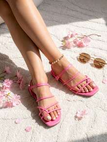 Sandalias planas de tiras rosa intenso para mujer, con tiras al tobillo, punta abierta, cómodas y casuales para la playa. Imprescindibles para las vacaciones. - Rosado Sandía - Ver 2