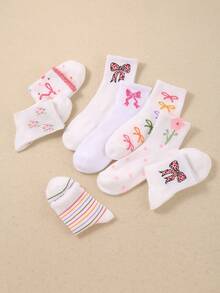 5/10 Pares de Meias Cano Médio com Laço e Flor para Crianças, Meias Curtas, Meias Infantis, Adequadas para Combinação/Vestimenta Diária de Meninas, Confortáveis, Macias, Respiráveis, Presentes Essenciais para Meninas (1-16 Anos) - Multicolorido - Visão 4