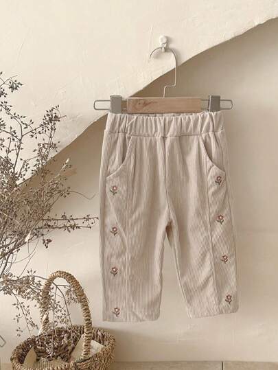 Infant/Baby GirlFloral Embroidered Casual Corduroy Pants, Sweet Style, Spring/Autumn