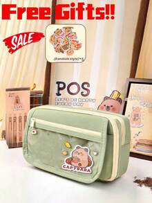 7pcs Set, Including Pencil Case & Doll, 5pcs Stickers, Cute Hamster Pencil Box, Multi-Layer Hamster Pencil Box, Hamster Brooch Hamster Bag, For Organizing School Items, Pens, Rulers, Erasers, Home Decor, (5pcs Stickers Random) - Beige - View 2