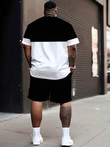 Men's Street Casual Sports Set With "Contrast Color KING" Graphic Design - Made Of Polyester Knit Fabric, Round Neck, Drawstring Shorts, Pockets, Regular Fit, Suitable For Plus Size - Multicolor - View 2