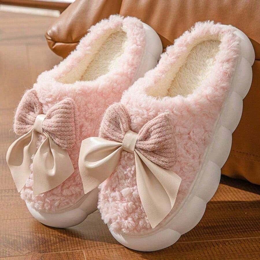 1 Pair Comfortable Winter Women's Slippers, With Bow Plush Lining, Non-Slip Thick Sole Indoor Shoes, Warm And Cozy (Bow And Slipper Color May Vary By Batch), Suitable For Winter Home Warmth, Ideal Birthday, New Year, And Valentine's Day Gift,Shoe,Spring Summer Picks,Brides Maid Gifts,Room,Bedroom Decor,Beach,Travel,For Men,For Women,Vacation - Multicolor - View 1