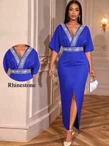 Women Royal Blue Rhinestone Embellished Dress Chic V Neck Slit Long Dress Formal Dinner Cocktail Party - 藍色 - 查看 6