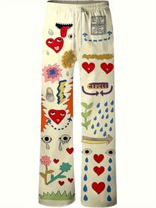 Conjunto de pijama con estampado de corazón de dibujos animados para hombres - Ajuste holgado casual, poliéster, sin estiramiento, con cintura con cordón y bolsillos, lavable a máquina - Excelente para relajarse en casa, ropa de dormir para hombres | Pantalones con estampado alegre | Textura suave - Beis - Ver 1