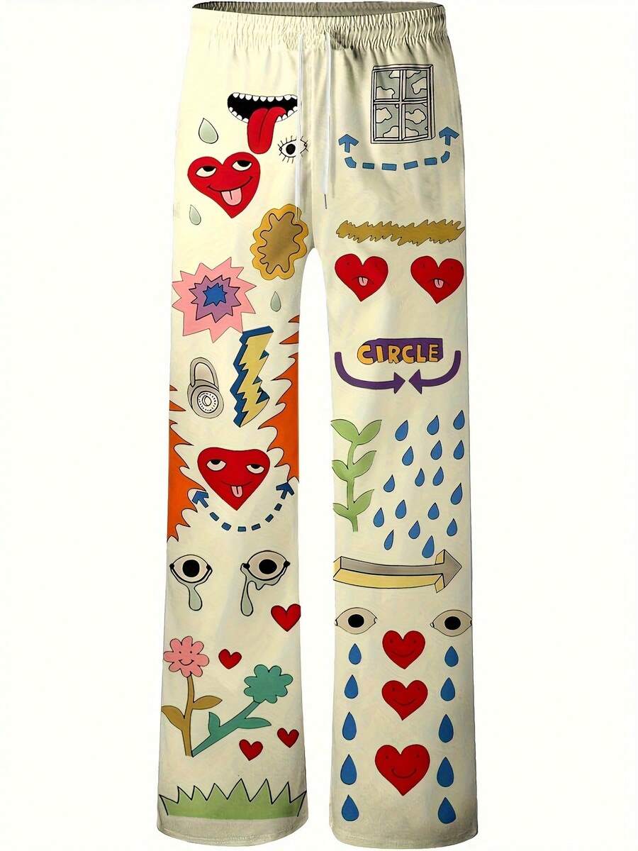 Conjunto de pijama con estampado de corazón de dibujos animados para hombres - Ajuste holgado casual, poliéster, sin estiramiento, con cintura con cordón y bolsillos, lavable a máquina - Excelente para relajarse en casa, ropa de dormir para hombres | Pantalones con estampado alegre | Textura suave - Beis - Ver 1