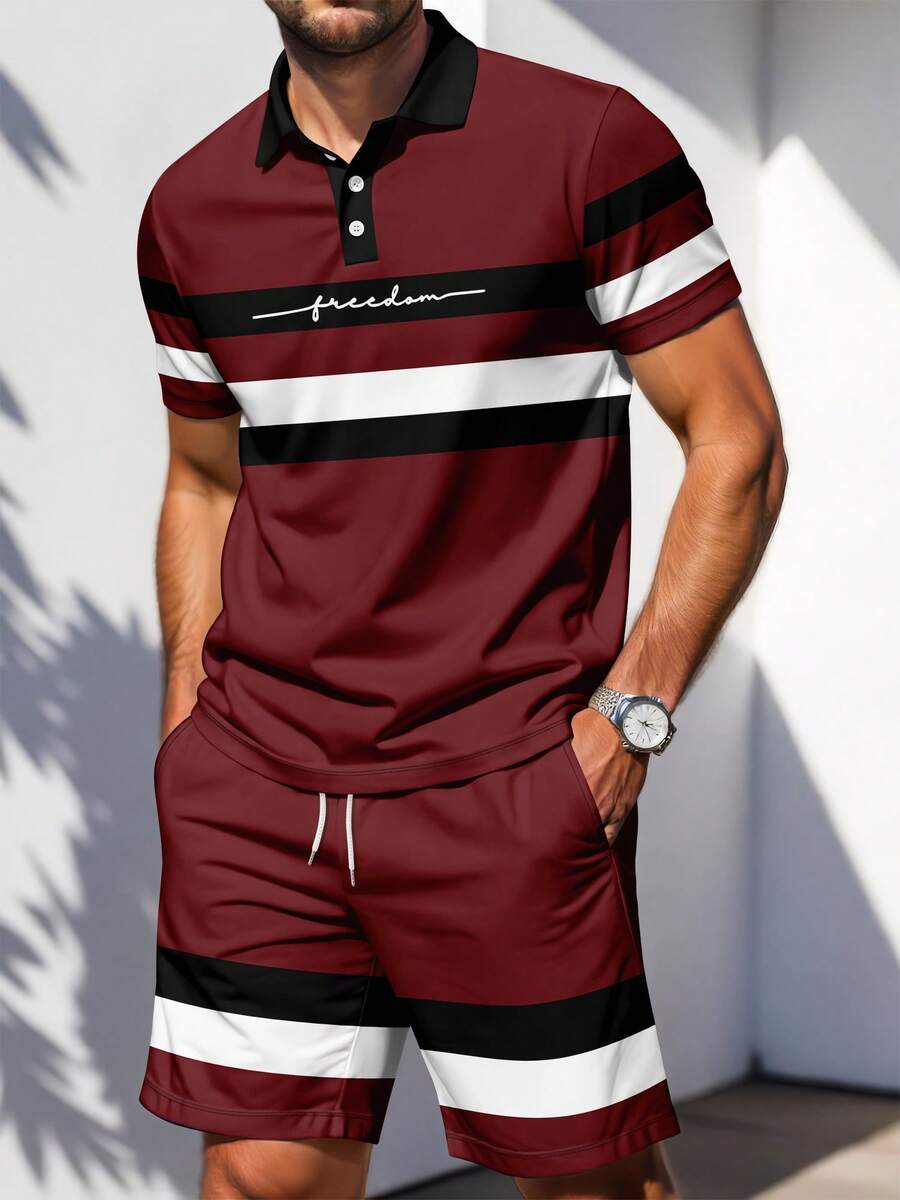 男士撞色条纹字母印花 Polo 衫和短裤套装 - 彩色 - 查看 1