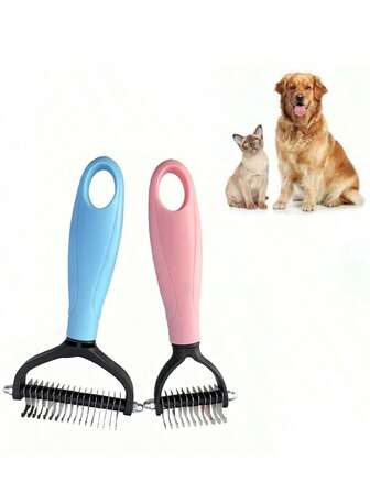 1把不锈钢宠物毛发梳，适用于猫狗 - 高效去毛刷，耐用梳理工具，适用于长毛和厚毛宠物，双面底毛耙，轻松去除毛结和缠结