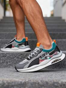 Zapatillas de deporte de moda con bloques de color para hombre, zapatillas de tenis casuales y elegantes para hombre, zapatillas de fitness para hombre, suaves y cómodas, con alta amortiguación, diseño de suela elástica antideslizante, adecuadas para caminar, transpirables y elegantes, versátiles para caminar, deportes al aire libre, correr, ejercicio, fitness, fiestas y uso diario. - Gris - Ver 2