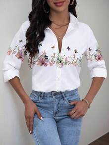 Petite Women Loose Casual Long Sleeve Shirt - White - View 3