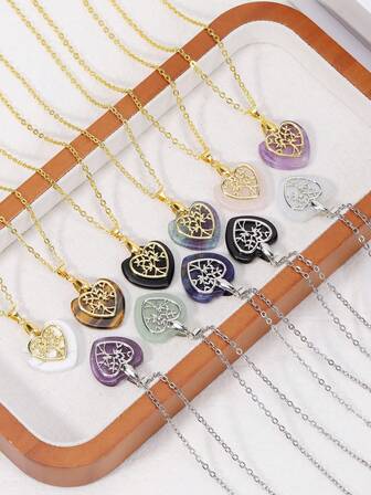 1 pieza Collar con colgante de cristal en forma de corazón Árbol de la Vida Piedra natural Amatista Cuarzo rosa Collares Joyería para mujer H803