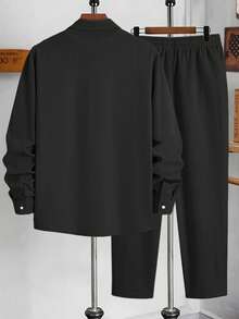 Voidago Men's Solid Color Fabric Comfortable Breathable Material Polo Collar Double Pocket Loose Long Sleeve Shirt, Contrast Color Drawstring Decor - Black - View 5