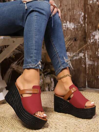 2025 Summer New European And American Cross-Border Plus Size Fashion Round Toe Wedge Heel Slip-On Sandals