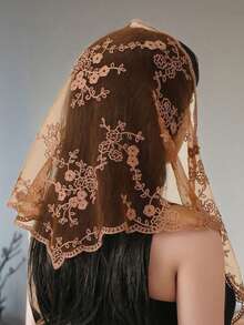 1件装女士纯色花卉蕾丝三角头纱，简约优雅薄纱蕾丝曼蒂拉头纱，镂空花卉饰边新娘头纱，波西米亚风婚纱头纱，时尚百搭，适合派对、户外拍摄、婚礼、礼服配饰 - 彩色 - 查看 4