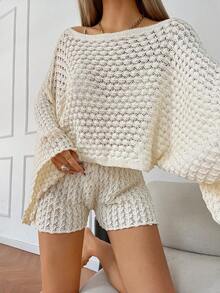 Sylvia 女士夏季镂空透视喇叭袖船领宽松透气针织上衣和短裤两件套，休闲性感风，适合日常通勤和简约海滩度假穿着 - 杏色 - 查看 2