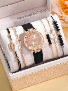 1 set Montre à quartz ronde minimaliste de mode décontractée pour femmes et ensemble de bijoux de bracelet tressé. Convient pour le port quotidien, les anniversaires, les fêtes, les rassemblements. Cadeau idéal pour vous-même ou vos amis. Aucune boîte d'emballage incluse. - Noir - Voir 5