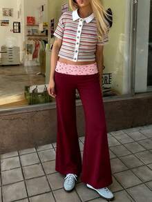 Women's Lightweight Soft Lounge Pants Floral Print Fold Over Waist Wide Leg Trousers For Vacation Home - 紅色 - 查看 4