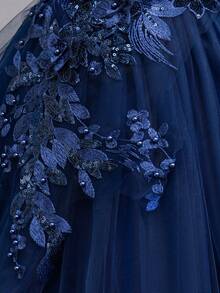 年轻女孩 3D 花朵网眼拼接露肩礼服，花童生日派对舞蹈演奏礼服，优雅钢琴演奏公主裙 - 藏蓝色 - 查看 6