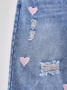 Jeans vaqueros anchos de pierna casual con bordado de corazón y lavado desgastado para niñas - Azul - Ver 5