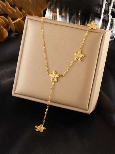 RAYQUEEN 1pc Stainless Steel Gold Flower Patchwork Design Pendant Necklace, Fashionable Versatile Jewelry For Daily Wear