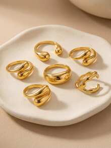 Bộ 6 chiếc nhẫn hở hình giọt nước dung nham bằng hợp kim tối giản cổ điển, thiết kế bất đối xứng, chất liệu kim loại dày, màu vàng. Thích hợp cho nữ giới đeo hàng ngày, là món quà hoàn hảo cho sinh nhật, ngày lễ và tiệc tùng. Phù hợp để đeo hàng ngày và trong các lễ hội, mọi mùa, là phụ kiện lễ hội lý tưởng. - Vàng - Xem 3