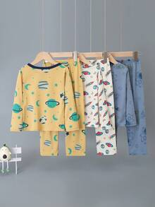 6pcs/Set Boys' Cartoon Astronaut Print Lightweight Long Sleeve Pajama Set, Spring/Autumn - Multicolor - View 2