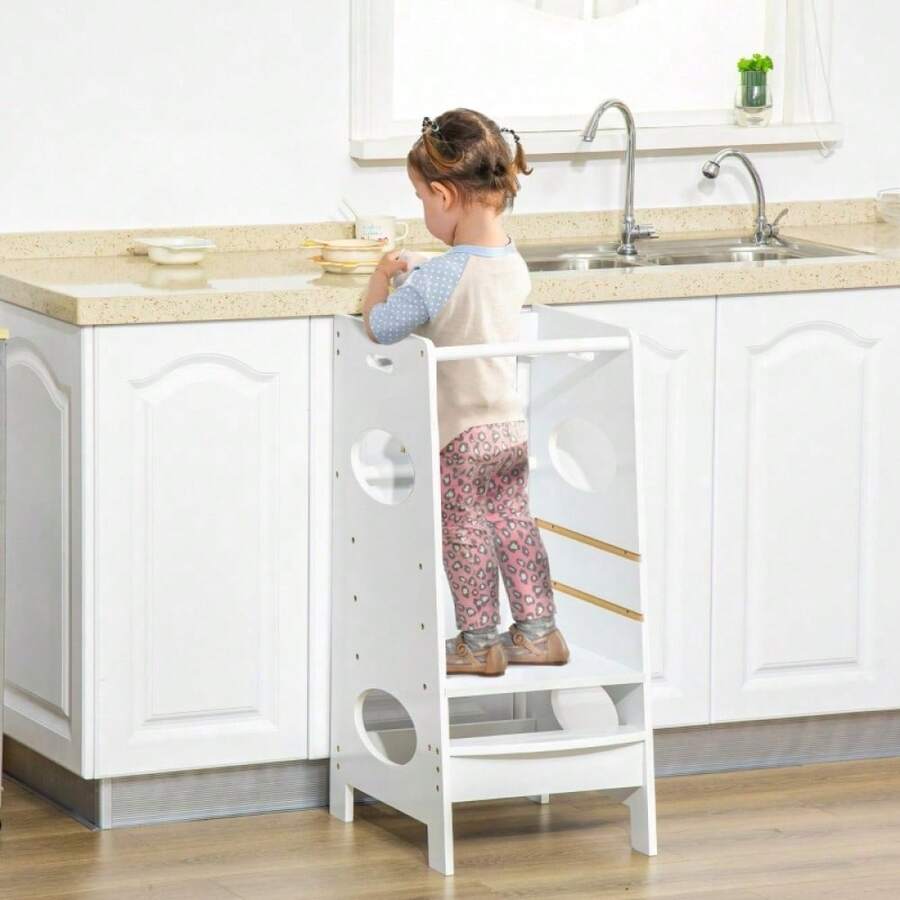 Toddler Step Stool With Safety Rail | Adjustable Kids Learning Tower For Kitchen Counter In White - Default - View 1