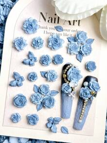 30片法式蓝色柔和花卉美甲装饰品，包括牡丹、山茶花和小玫瑰叶，适合DIY手工美甲配件 - 藍色 - 查看 5