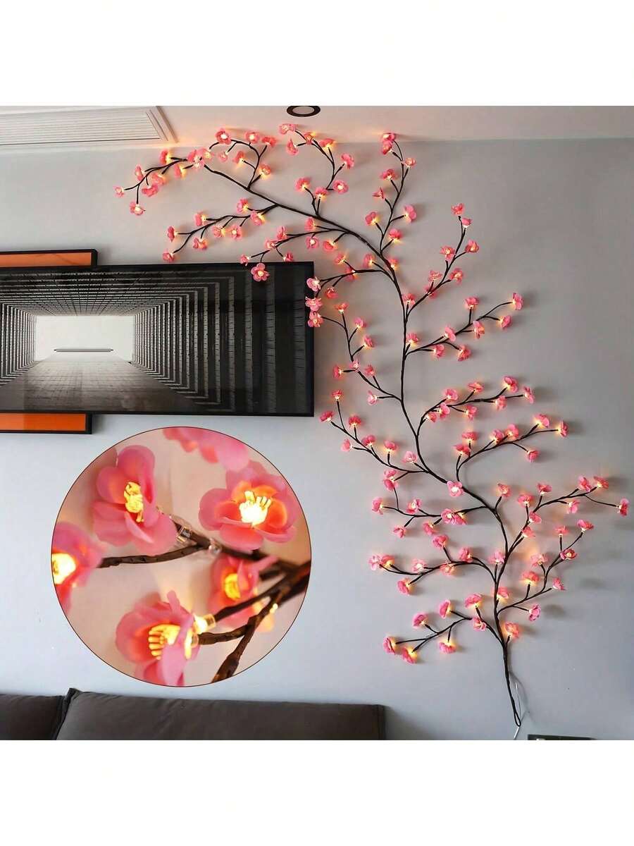AMILL 96/144 LEDs Cherry Blossom Tree Vine Design Lights, USB Plum Blossom Tree Branch Lights, 8 Modes For Indoor Decoration, Suitable For Spring Festival, Wedding, Valentine's Day, Thanksgiving Day, New Year's Day, And Other Holiday Party Decoration - 粉色 - 查看 1