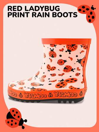 Botas de lluvia para niños para todas las estaciones - Diseño de dibujos animados de mariquita, botas de lluvia impermeables para niñas para uso en exteriores, botas de lluvia de goma para niños