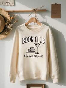 1Pc Women's Book & Cocktail Print Sweater - Literary Book Club Design With Book Spine Pattern, Soft Breathable -Like Texture, Machine Washable All-Season Casual Sweater For Book Lovers (No Dryer, Book-Themed Outfit) Women's Minimalist Regular Fit Long Sleeve Sweatshirt - Casual Daily Outfits Top - Grey - View 9
