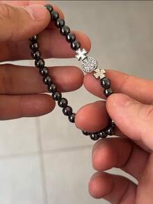 Men's Bracelet With Saint Benedict Hematite, Natural Stones, Adjustable Elastic Band - Negro - Ver 6