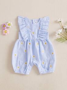 Newborn Baby Girl Summer Clothes Daisy Flying Sleeve Jumpsuit Romper Ruffle Onesie Infant Outfit 3 6 12 18 Months,Baby Girl Striped Clothes - 藍色 - 查看 7