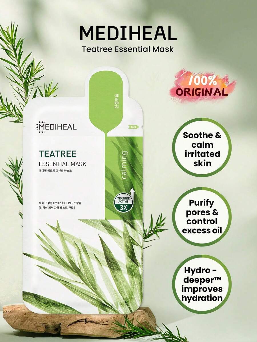 Mediheal 10片装茶树精华面膜，控油舒缓，蕴含茶树油和金缕梅提取物，适合油性及易长痘肌肤。