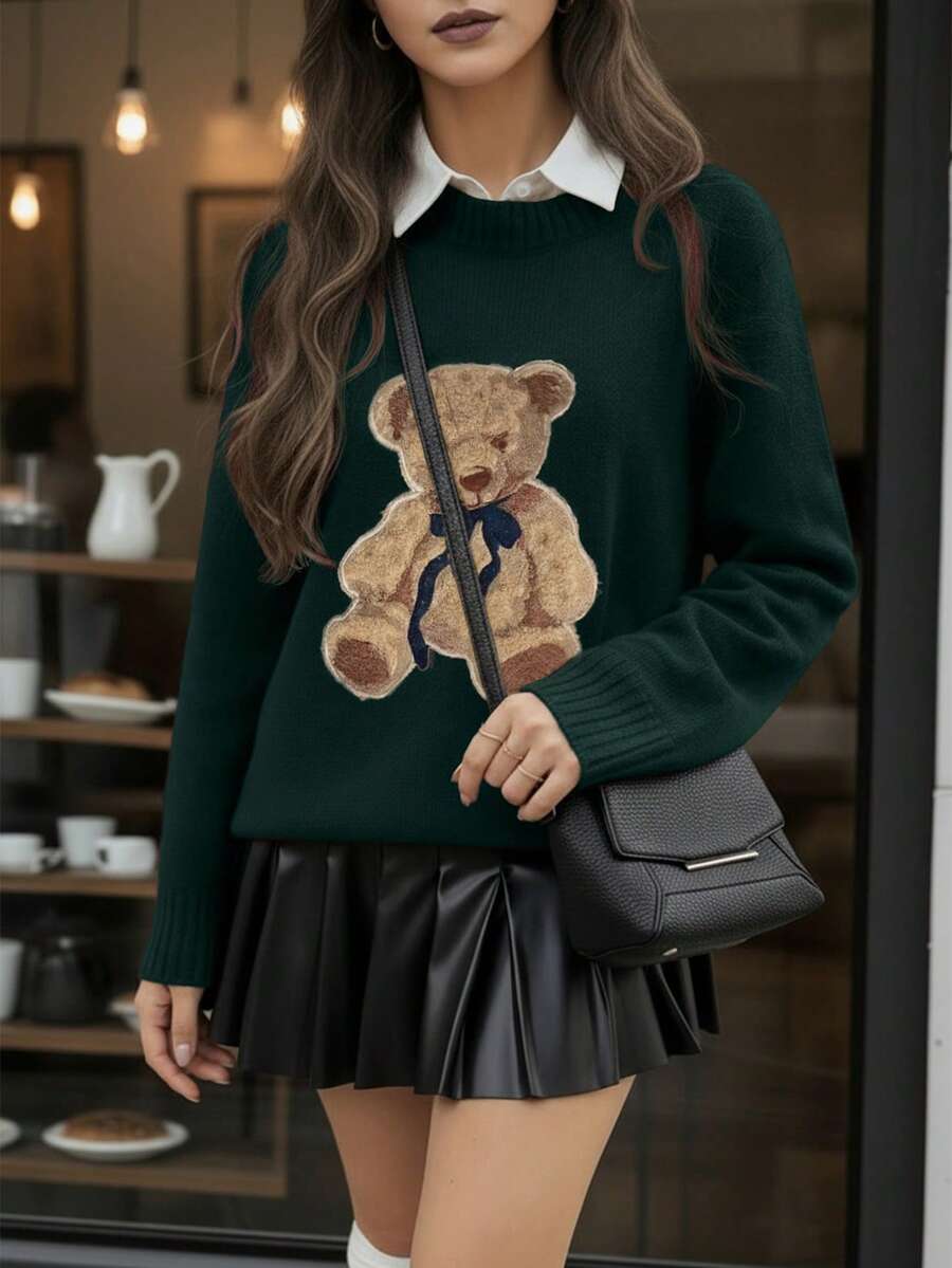 Áo len nữ tay dài cổ tròn màu xanh ô liu họa tiết gấu hoạt hình, phong cách thường ngày thanh lịch, thích hợp cho các buổi hẹn hò, đi chơi, dạo phố, thời trang Y2K, trang phục đêm giao thừa, sinh nhật, mùa xuân, lễ hội, ngày lễ, dự tiệc, du lịch, nghỉ dưỡng.