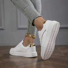 Women's Multi-Color Low-Top Sneakers: Metal-Trimmed Casual Shoes, Comfortable Flat White Shoes - 金色 - 查看 3