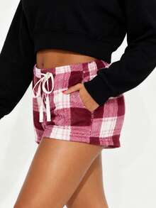 Womens Plaid Shorts Casual Elastic Waist Drawstring Mini Lounge Shorts With Pockets For Daily - Burgundy - View 5