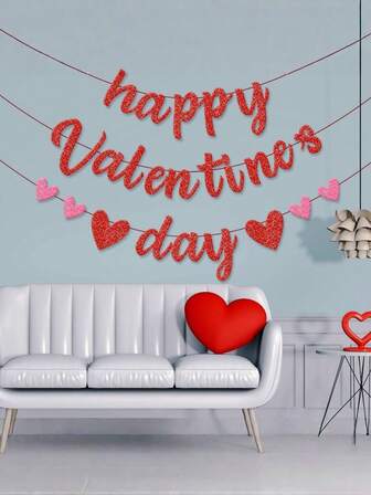 1件玫瑰金粉色红色派对装饰花环心形纸质彩带横幅，适用于情人节、母亲节、单身女性、新娘送礼会、订婚、婚礼、生日派对装饰，浪漫悬挂彩旗，家居墙面装饰，布艺爱情主题派对用品