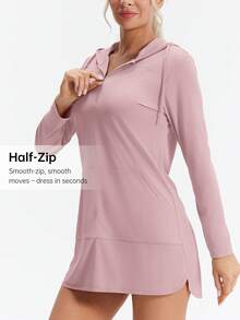 HOTSUIT Women's Hooded Long Sleeve Shirt With Pockets, Half-Zip Design, Suitable For Lightweight Outdoor Sports Like Running And Fishing In Summer - Pink - View 6