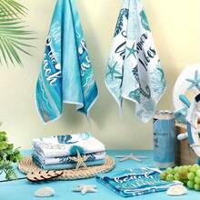 6pcs Summer Beach Coastal Ocean Kitchen Dish Towels - 18x26 Inch Absorbent Polyester Hand Towels With Vibrant Beach-Themed Designs (Starfish, Seashells, Palm Trees) For Bathroom & Kitchen Decor, Machine Washable, Beach Theme Decor, Dish Towels For Kitchen, Bathroom Essentials, Modern Towel Design, Durable Fabric - White - View 4