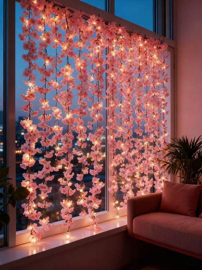 一套亮粉色樱花藤蔓装饰，适用于卧室、派对、婚礼、感恩节、四季皆宜、家居、壁炉、楼梯、栏杆、窗帘、新年、春季装饰[1株藤蔓+1串灯] 电池供电[不含电池]，情人节、生日、毕业礼物