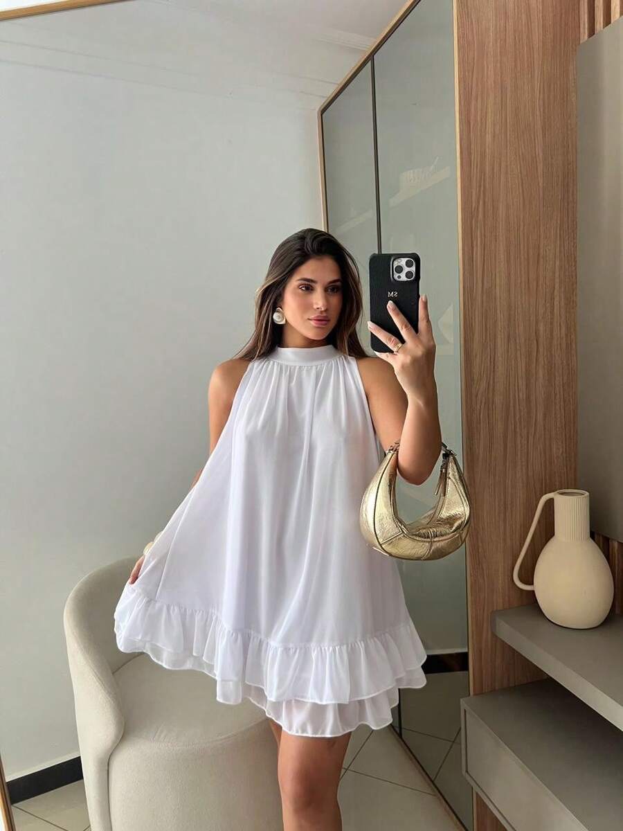 Elegant, Comfortable, Loose-Fitting Dress With Ruffled Hem, Layered, Formal, Romantic, Women's Fashion, Knee-Length, No Padding - 白色 - 查看 1