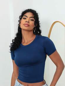 Kit 3: Women's Baby Tee: Slim Fit Short Sleeve Blouse - 1個黑色1個棕色1個藍綠色 - 查看 2