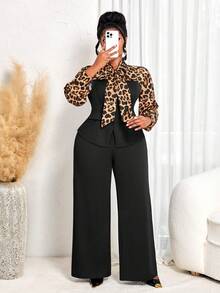 BIUBIU Bộ đồ hai mảnh họa tiết da báo, tay dài thanh lịch cỡ lớn kèm thắt nút và quần dài cho mùa thu/đông dành cho nữ / Trang phục đi chơi / Trang phục năm mới cho nữ / Trang phục Giáng sinh / Trang phục công sở - Xem 3