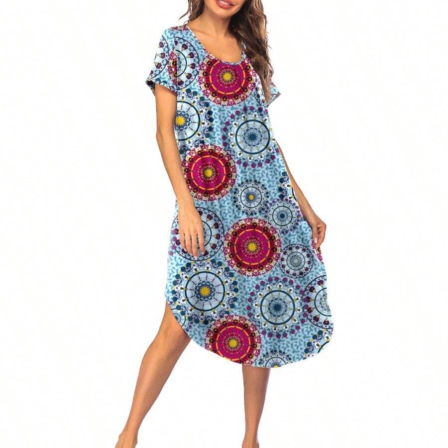 Sleep Shirts For Women Nightgown Short Sleeve House Dress Night Dress Womens Sleepwear - 藍色曼陀羅+小 - 查看 1